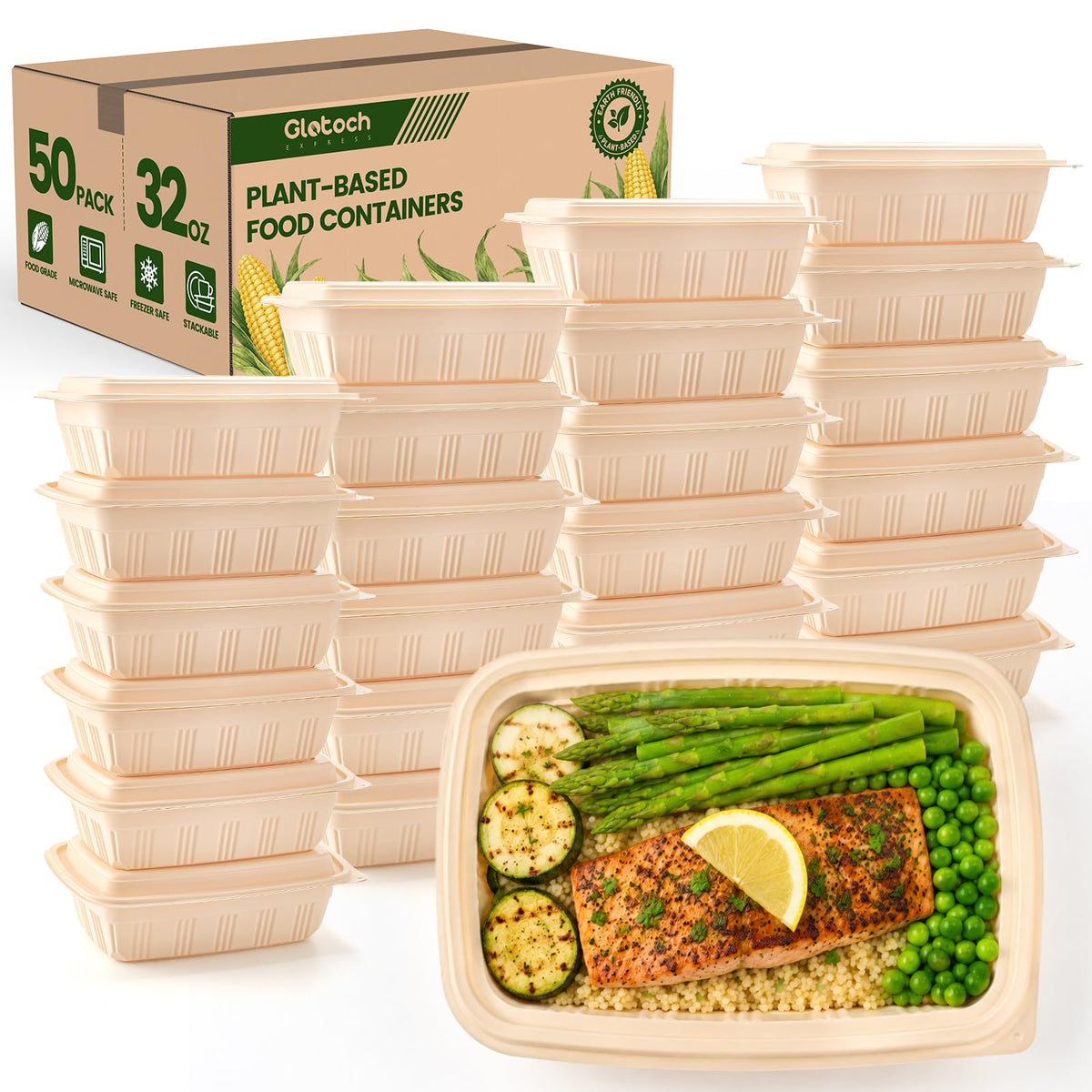 100 Piece (50 Pack) Meal Prep Containers Reusable - 2 Compartment 32 oz Cornstarch Snack Containers with Lids - Plastic Food Storage Salad Containers - To Go Lunch Box - Microwave & Freezer Safe