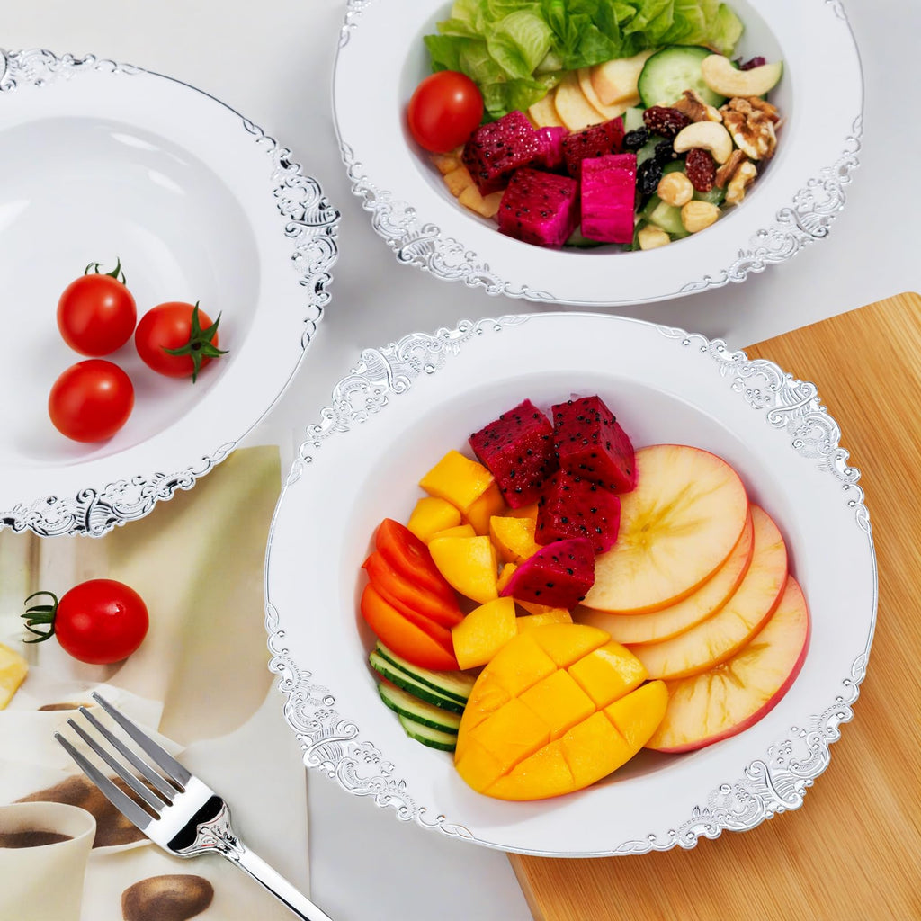 Nervure 50PCS White Plastic Bowls with Silver Rim 12oz Disposable Soup Bowl
