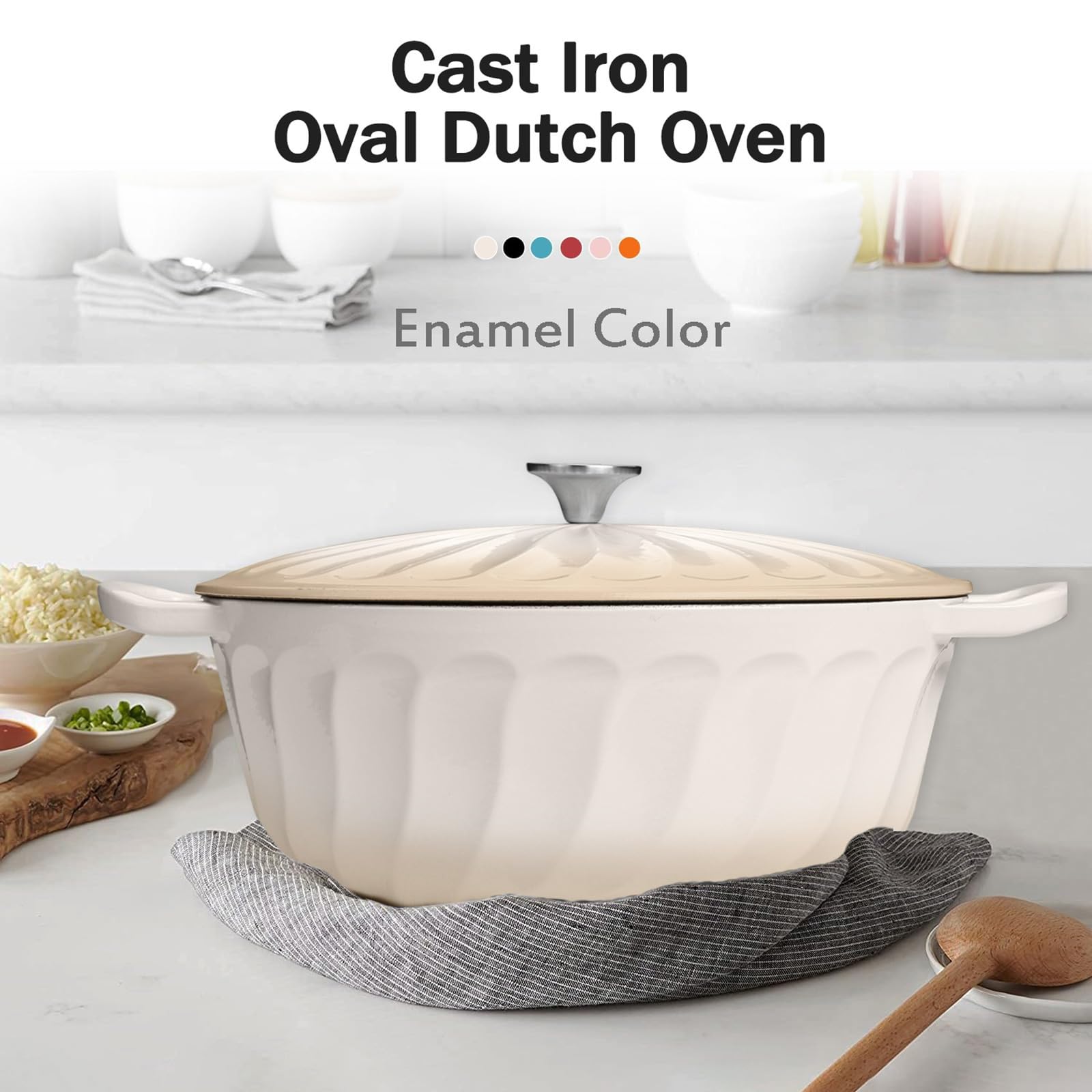 NSIRONS Enameled Dutch Oven Pot with Lid, 7 QT Cast Iron Dutch Oven with Dual Handles, Oval Dutch Oven for Cooking, Bread Baking, Frying, Non-stick Enamel Coated Oven (Caramel White)