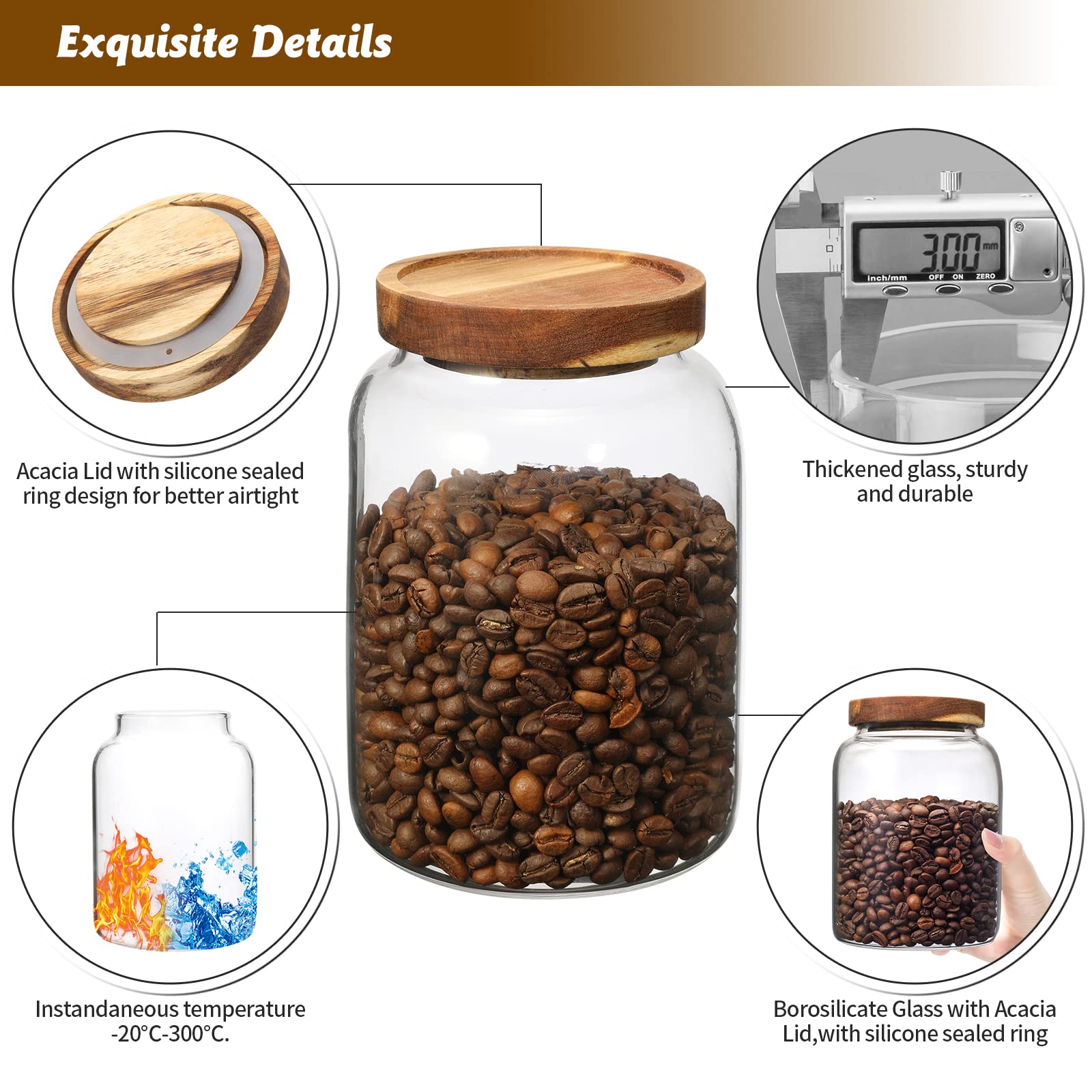 OULOVECO Glass Coffee Storage Jar with Lids Scoop Round Glass Coffee Ground Containers Borosilicate Glass Food Canister for Cereals Oats Beans Nut Sugar Candy Spice Rice Tea