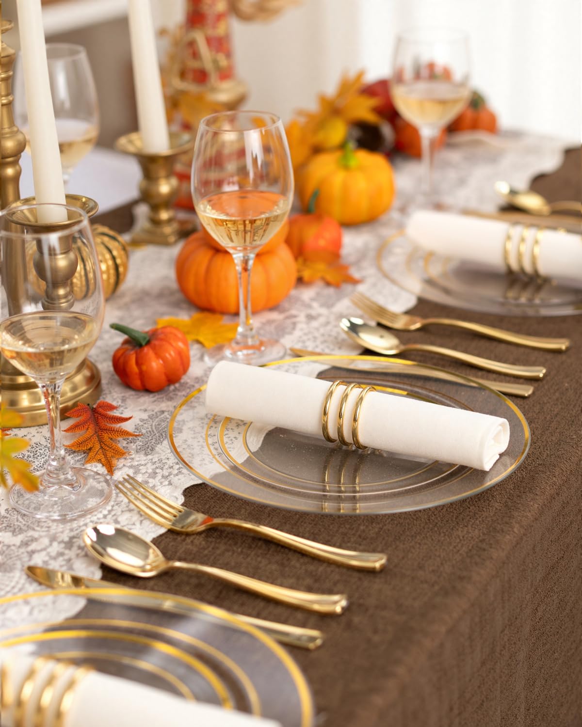 bUCLA 150Pcs Clear Gold Plastic Dinnerware Set - Clear and Gold Disposable Plates Include 25 Dinner / 25 Dessert Plates,25 Knives,25 Forks,25 Spoons,25 Cups for Party