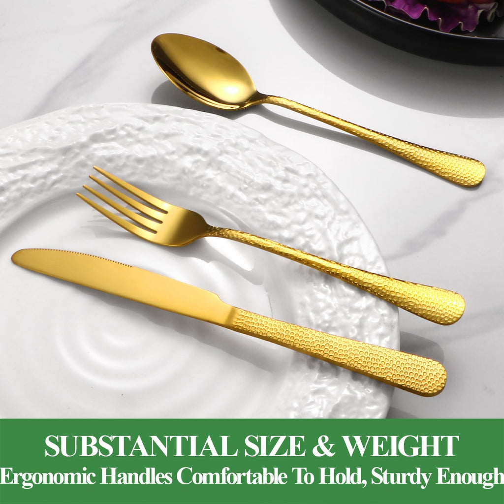 40 Pcs Gold Silverware Set for 8, Food Grade Stainless Steel Flatware Set, Eating Utensils Sets Include Fork/Knife/Spoon, Reusable Cutlery Set for Home Kitchen, Dishwasher Safe, Wave Hammered