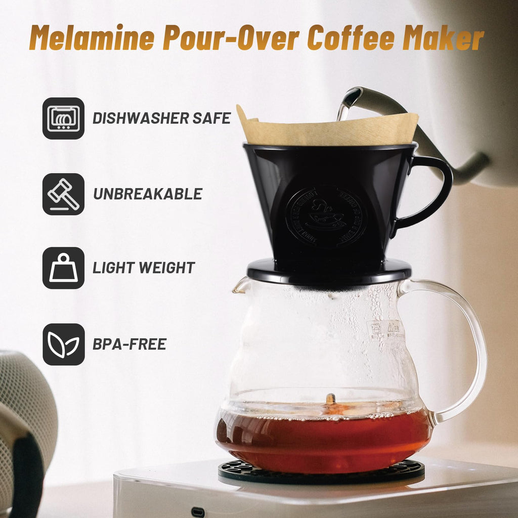 JynJyn Melamine Pour Over Coffee Maker with 3 Drip Holes, Pour Over Coffee Dripper For Camping, Home, Café, Size 02 (Black)