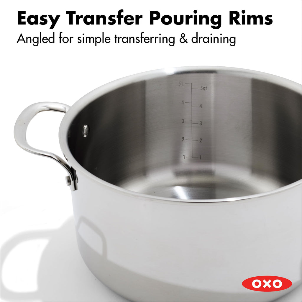 OXO 13 Piece Stainless Steel Cookware Set, Tri-Ply Multiclad Pots & Pans, PFAS-Free Ceramic Nonstick Coated Frying Pans, Induction Compatible, Dishwasher & Oven Safe, Sauce, Stock, Saute, Silver
