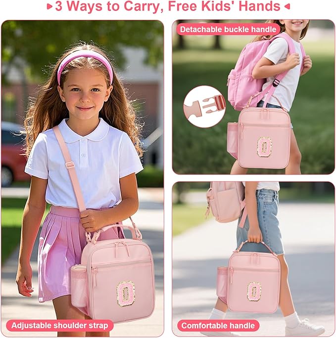 Initial Insulated Lunch Bag for Girls Kids, Back to School Gift, Reusable Leak-proof Lunch Box with Adjustable Strap for School Daycare Travel Picnic (Pink,O)