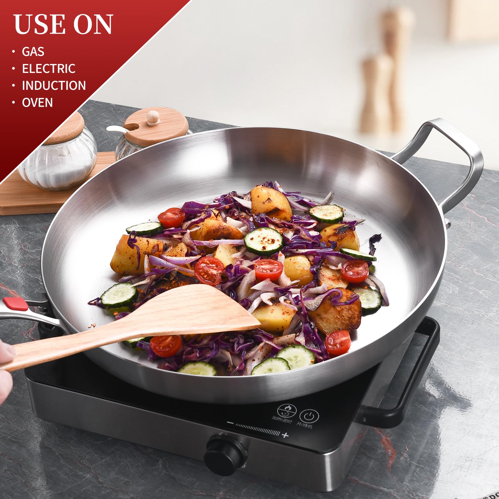 Inqibee 13 Inch Stainless Steel Frying Pan with Lid, Detachable Handle