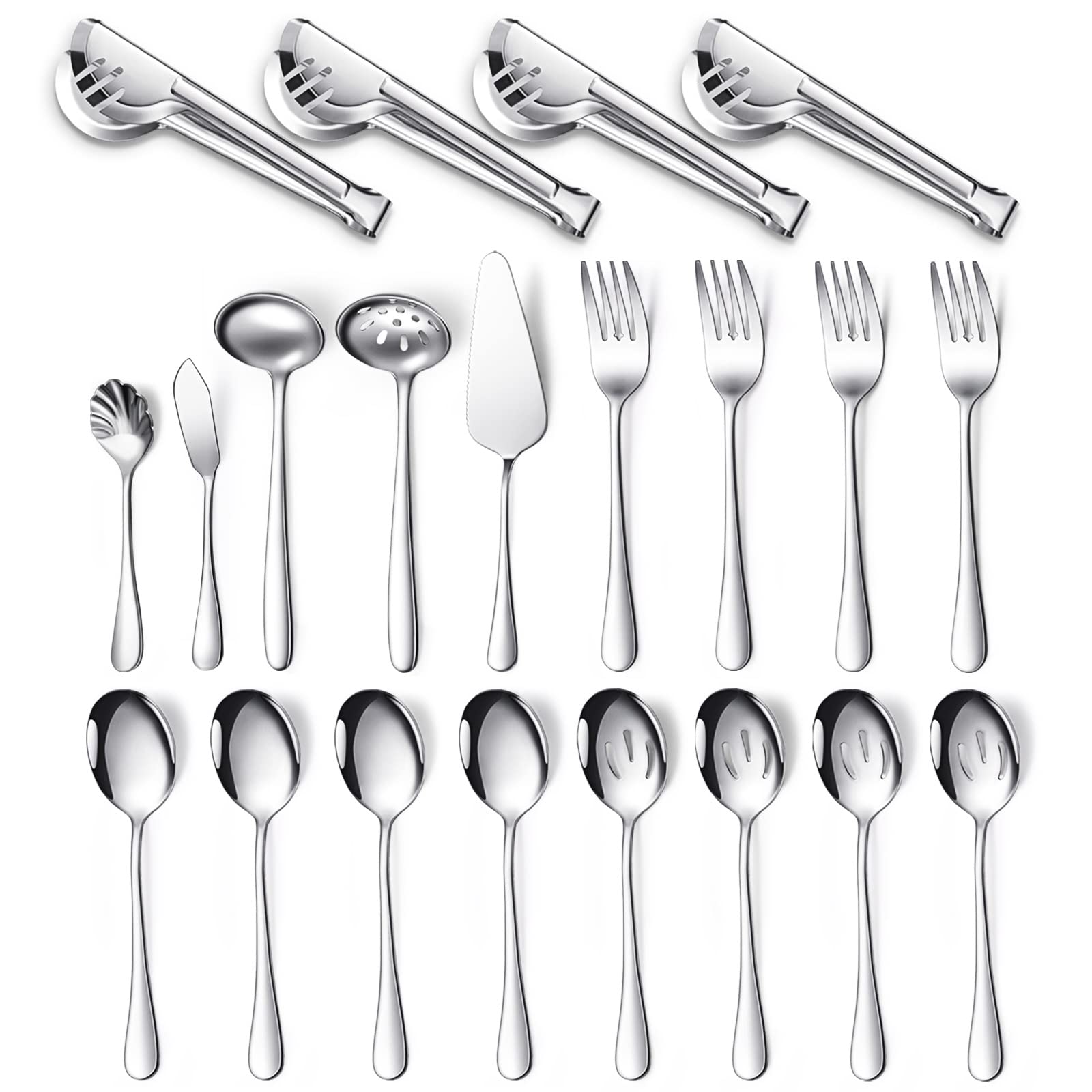Patelai Serving Utensils Set Include Stainless Steel Large Spoons Slotted Spoons Forks Tongs Soup Ladle and Pie Server for Parties Buffet Catering, Dishwasher Safe(Silver,21 Pieces)