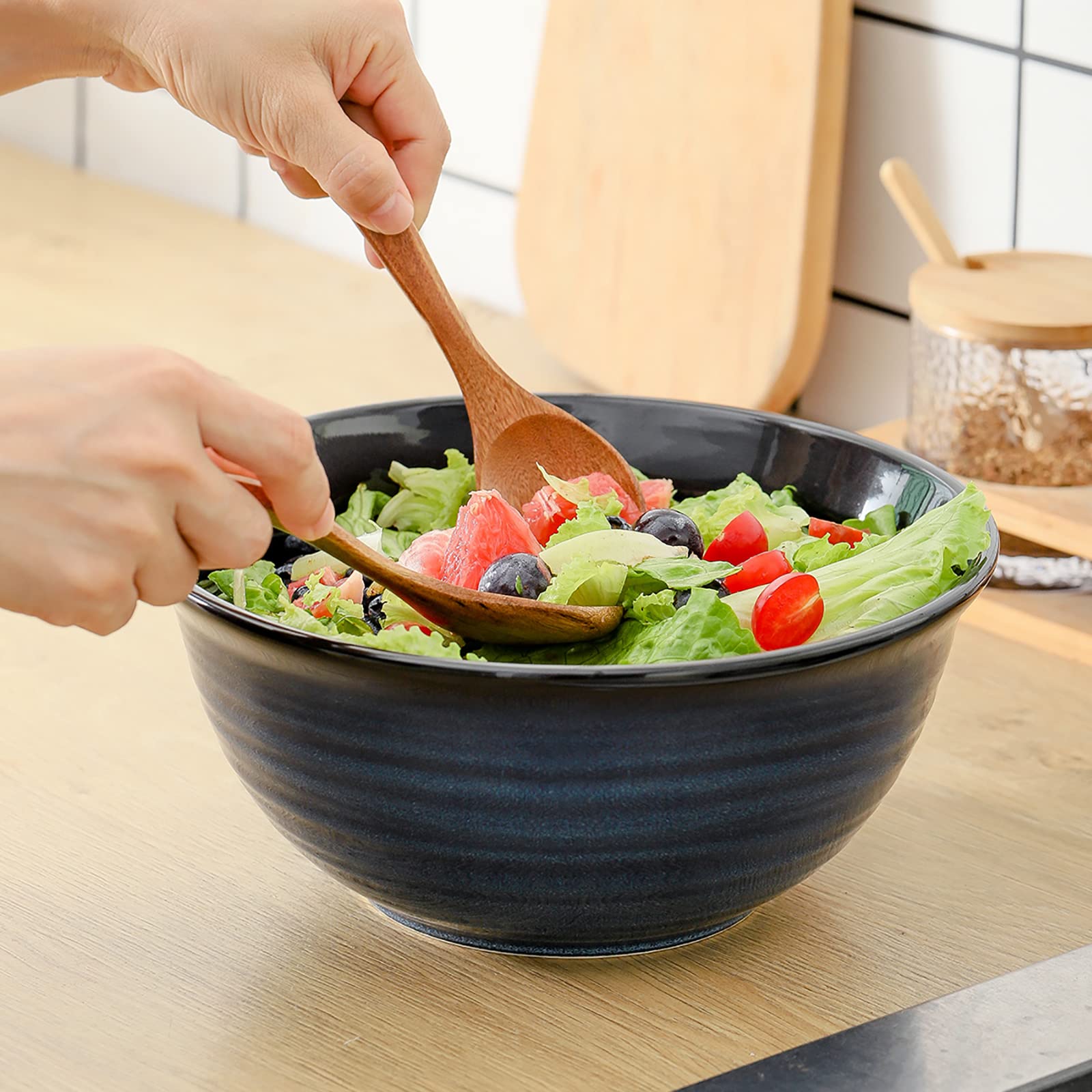 HASENSE Large Serving Bowls, 9 Inch Ceramic Salad Bowls, 84 oz Serving Dishes for Entertaining, Deep Bowl Set Perfect for Soup Pasta Pho Popcorn Fruit, Dishwasher Microwave Safe, Set of 2, Navy Blue