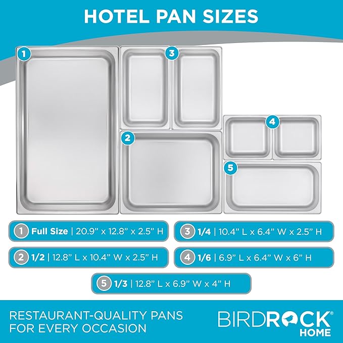 BIRDROCK HOME Stainless Steel Steam Table Pan - Hotel, Restaurant & Catering Supplies - 24 Gauge Steel, 21.3 qt Capacity - Meal Prep, Cooking, & Food Storage Container - 6" Depth, Full-Size (6 Pack)