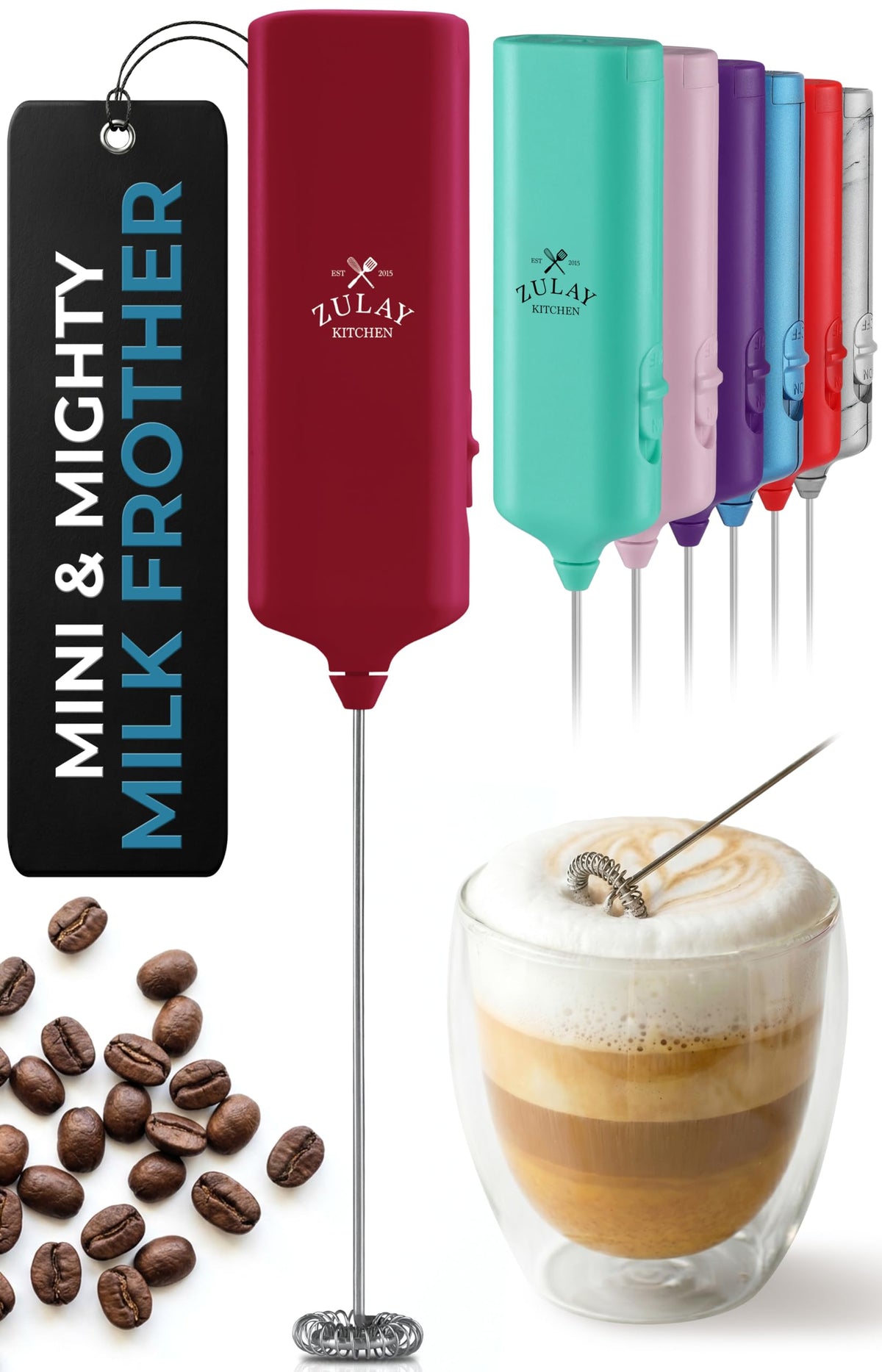 Zulay Powerful Milk Frother for Coffee with Upgraded Titanium Motor - Handheld Electric Whisk, Milk Foamer, Mini Mixer & Coffee Blender for Frappe, Latte, Matcha, No Stand - Pristine Teal