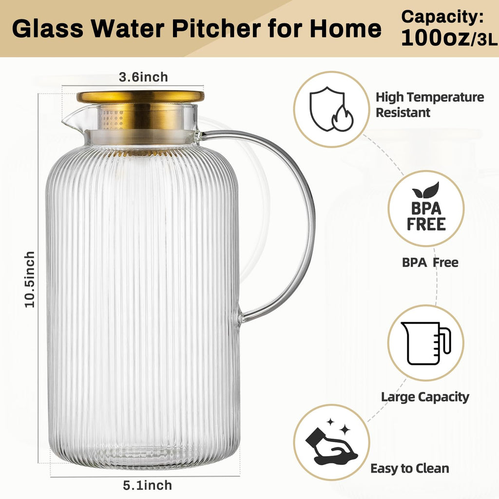 Buaic Glass Pitcher with Lid, 100 oz/ 3L Glass Water Pitcher