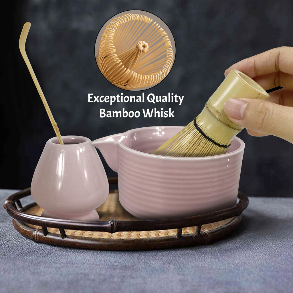 GEXHSRGD Matcha Whisk Set 6 pc Kit - Traditional Japanese Chasen, Bamboo Whisk Holder, Ceramic Bowl with Spout, Sifter & 2 pc Spoons - matcha kit set, Gift for Matcha Tea Lovers(Pink)