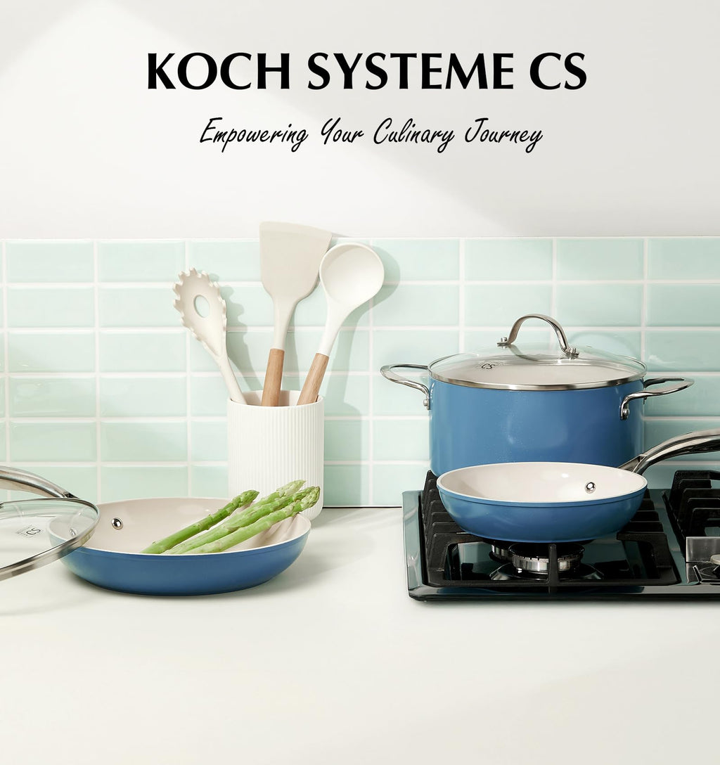 KOCH SYSTEME CS 10 Inch Frying Pan with Lid, Ceramic Nonstick Frying Pan with Stay-Cool Stainless Steel Handle, 10 Inch Skillet, Omelet Pan with Nonstick Ceramic Coating, PFOA Free, Oven Safe, Blue