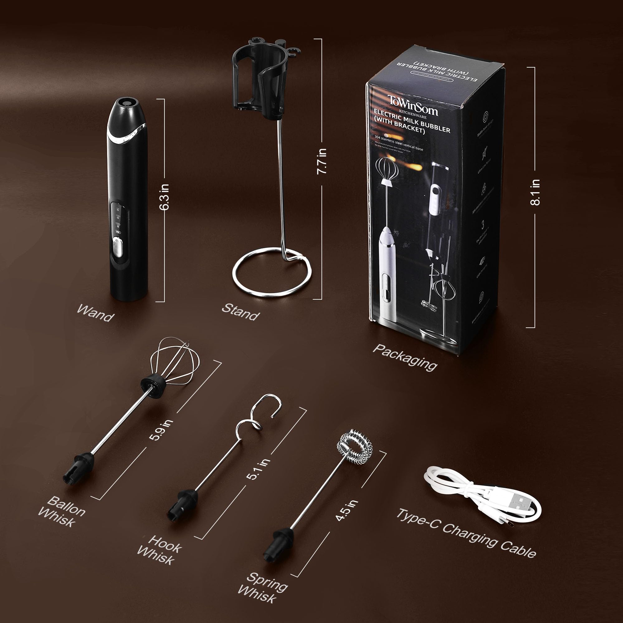 ToWinSom Rechargeable Milk Frother with Stand,Coffee Frother,Drink Mixer