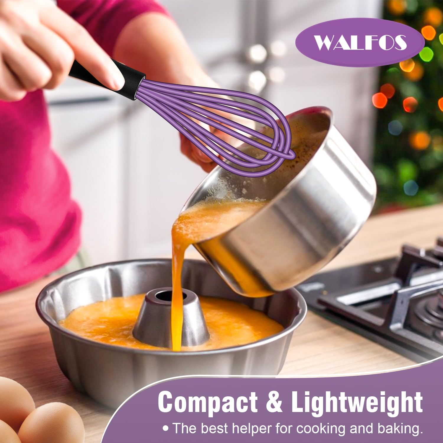 Walfos Whisk,5+7Inch Mini Whisks,Silicone Non Scratch whisk,Heat Resistant(480°F) Small whisks Suitable for stirring individual eggs and mixing small amounts of powder and sauce. Purple & Green