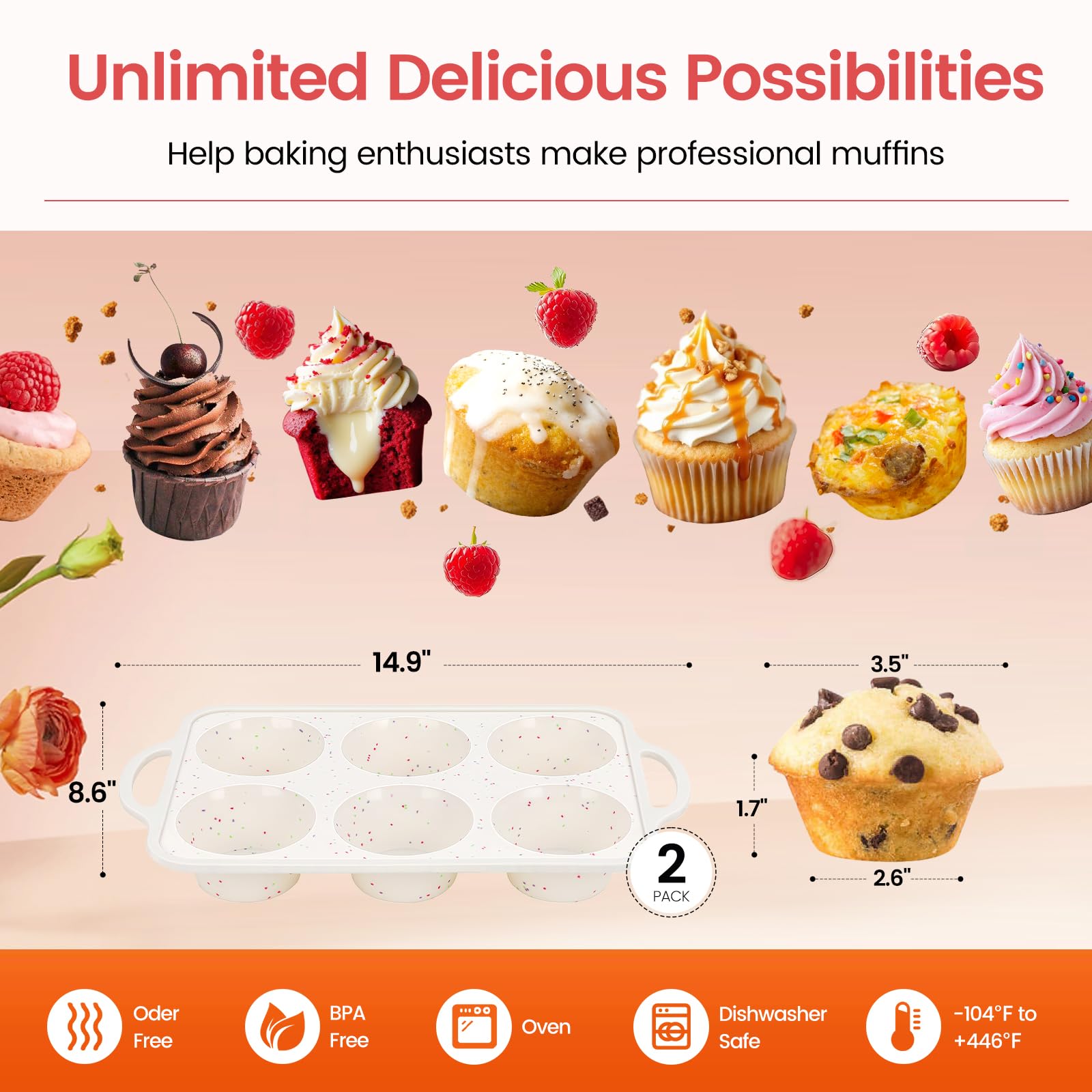 Fimary Silicone Jumbo Muffin Pan with Metal Frame, Non Stick Food Grade Silicone Large Muffin Pan Set of 2, with Handles 6 Cup,BPA-Free and Dishwasher Safe, Jumbo Cupcake Pans