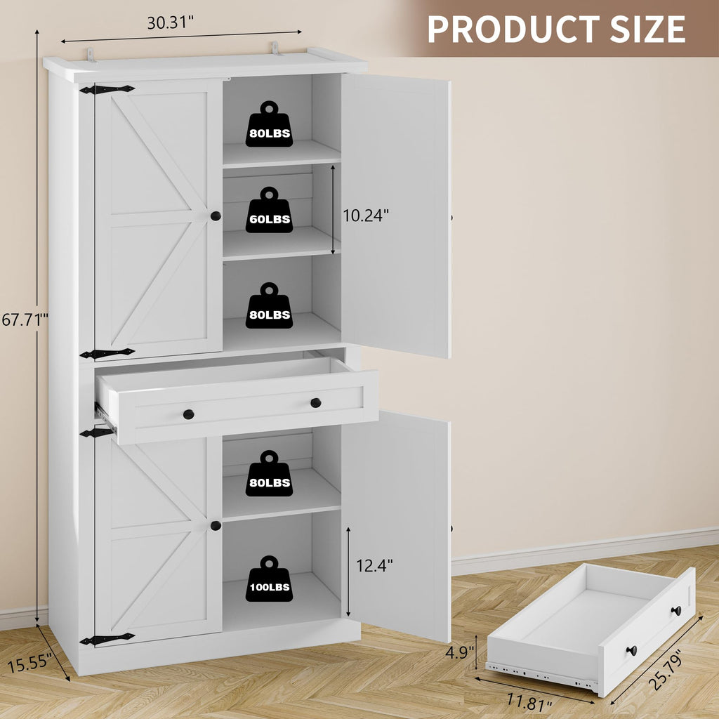 BORNOON Pantry Organizers and Storage Cabinet, 67.7” Barn Door White Kitchen Cabinet with Drawers and Adjustable Shelf, Tall Pantry for Kitchen, Dining Room, Living Room