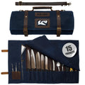 Asaya Waxed Canvas Knife Roll Bag - 15-Slot Chef Knife Bag with Leather Straps, Large Zippered Pocket and Card Holder - Carrying Case for Chefs and Culinary Students – Knives Not Included (Blue)