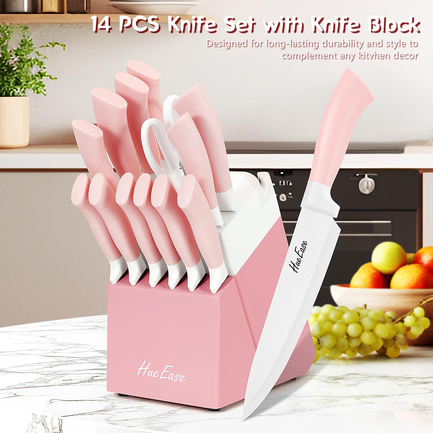 HueEase 14 Pieces Knife Set with Block, Ceramic White Coating, High Carbon Stainless Steel Sharp Blade Block Knife Set, Dishwasher Safe Cutlery, Colliding Pink