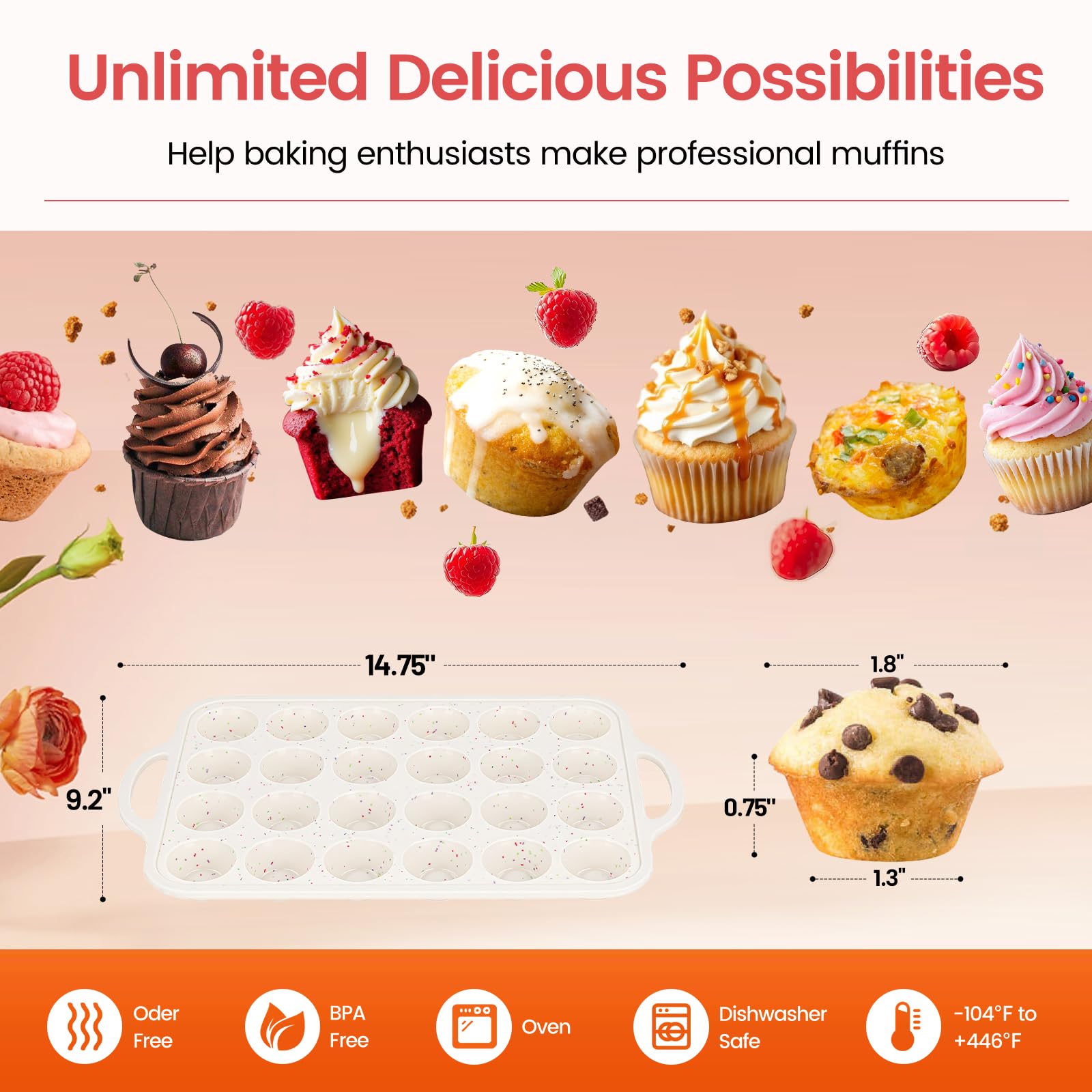 Fimary Silicone Mini Muffin Pan With Metal Reinforced Frame - 24 Cups Durable Silicone Cupcake Pan for Muffin, Cupcakes, BPA Free and Dishwasher Safe - 1 Piece Beige with Rainbow Spots