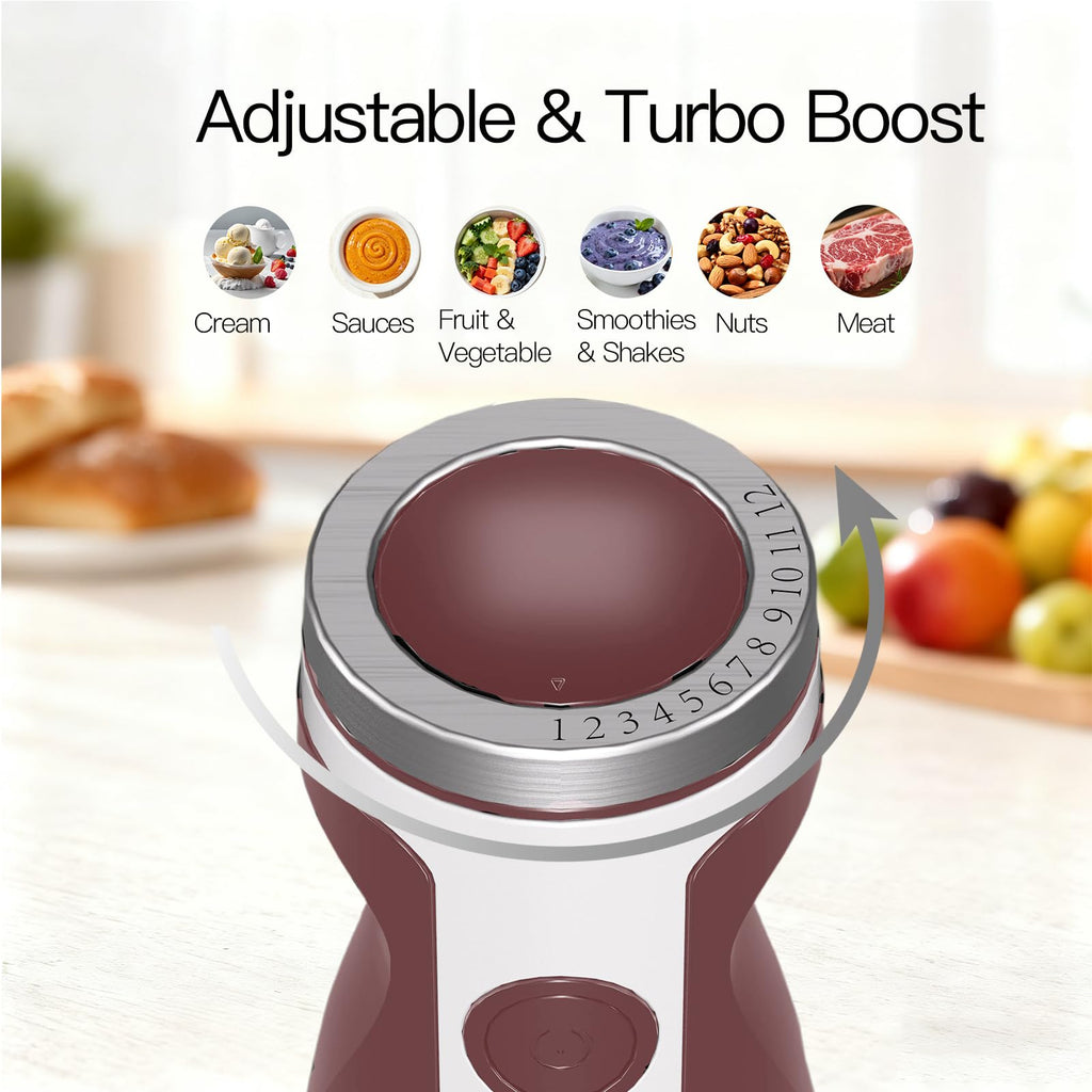MegaWise 3-in-1 Hand Blender Set with Variable Speed Control, 400W Immersion Blender - Includes Whisk, Milk Frother, Chopper, and Beaker for Smoothies, Soups, and Baby Food (RED)