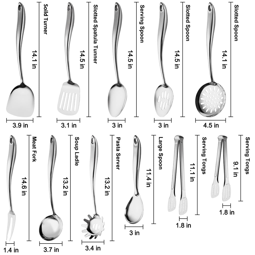 304 Stainless Steel Kitchen Utensils Set, 11 PCS Metal Cooking Utensils Set with Spatula, Spoon, Ladle, Skimmer, Turner, Pasta Server, Tongs