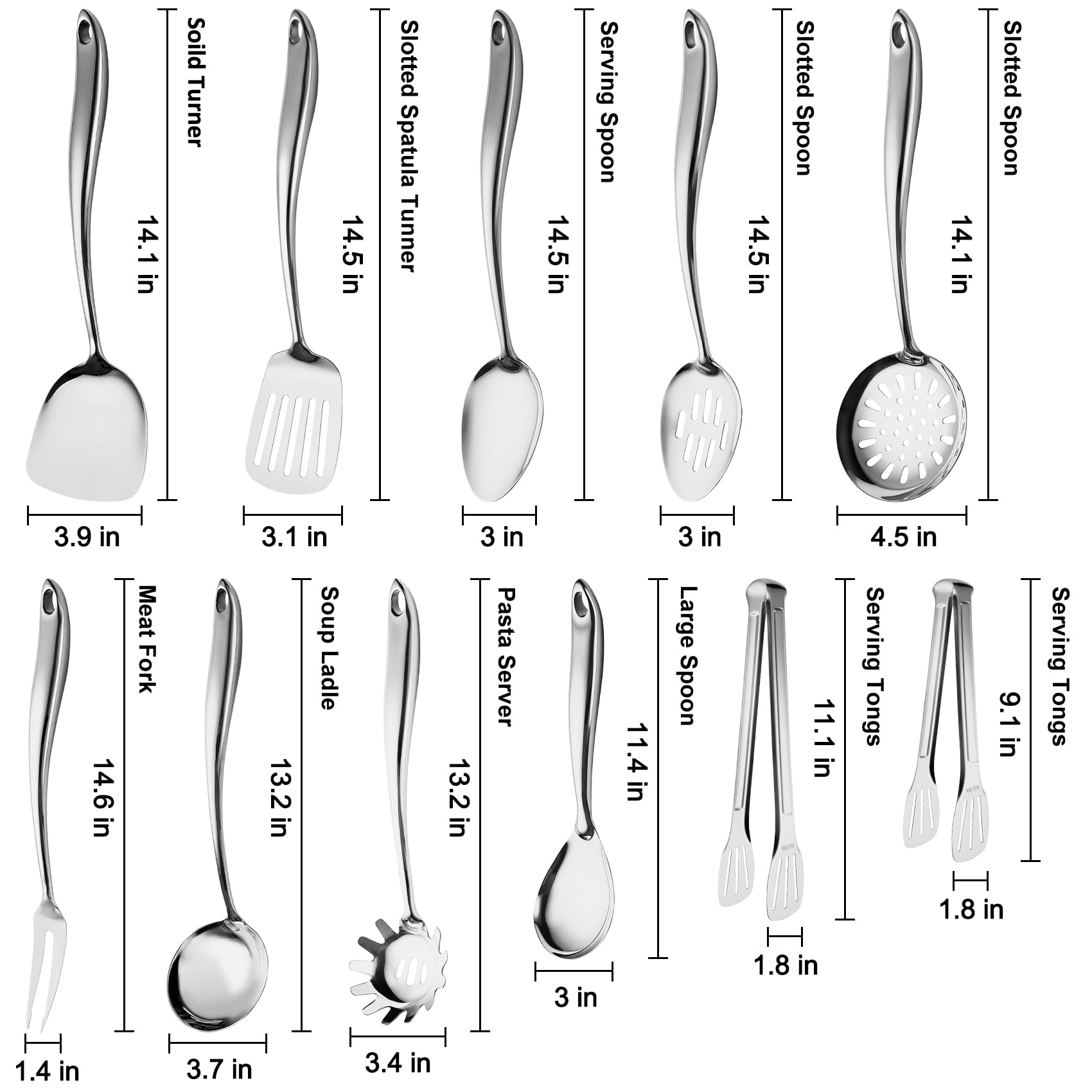 304 Stainless Steel Kitchen Utensils Set, 11 PCS Metal Cooking Utensils Set with Spatula, Spoon, Ladle, Skimmer, Turner, Pasta Server, Tongs