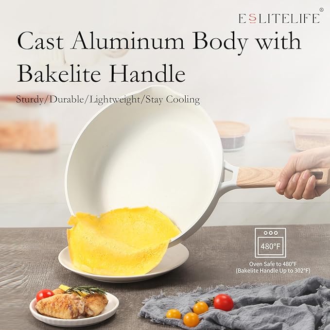 ESLITE LIFE Nonstick Ceramic Frying Pan Skillet, Non-Toxic Egg Omelette Kitchen Cooking Pans Compatible with All Stovetops (Gas, Electric & Induction), PTFE & PFOA Free (White, 11")
