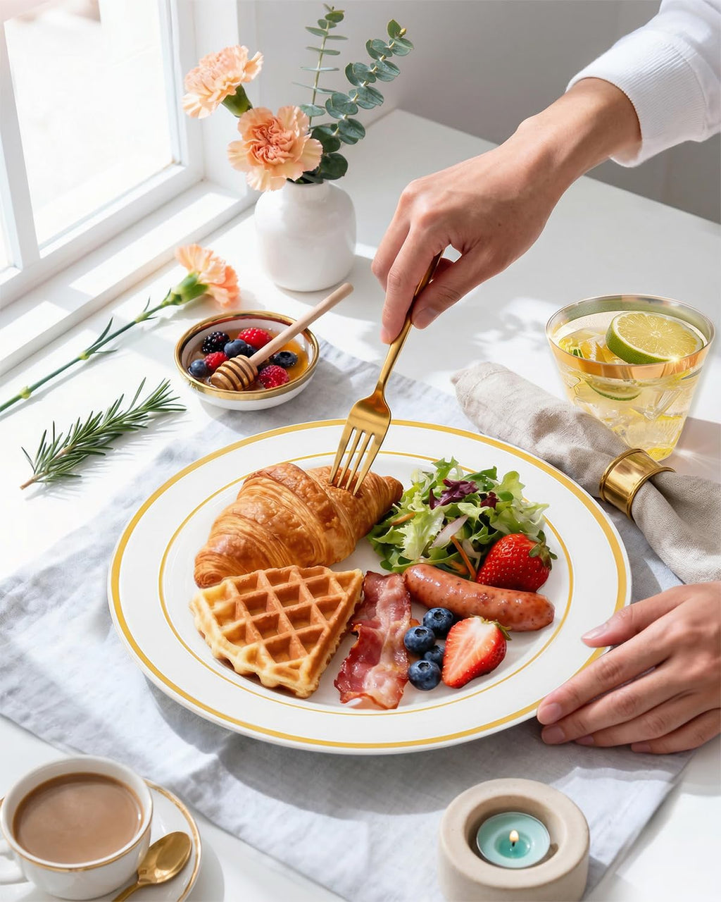 bUCLA 150PCS Gold Plastic Dinnerware Set Disposable - Heavy Duty Gold Plates Include 25 Dinner & 25 Dessert Plates,25 Forks,25 Knives,25 Spoons&25 Cups for Party&Wedding