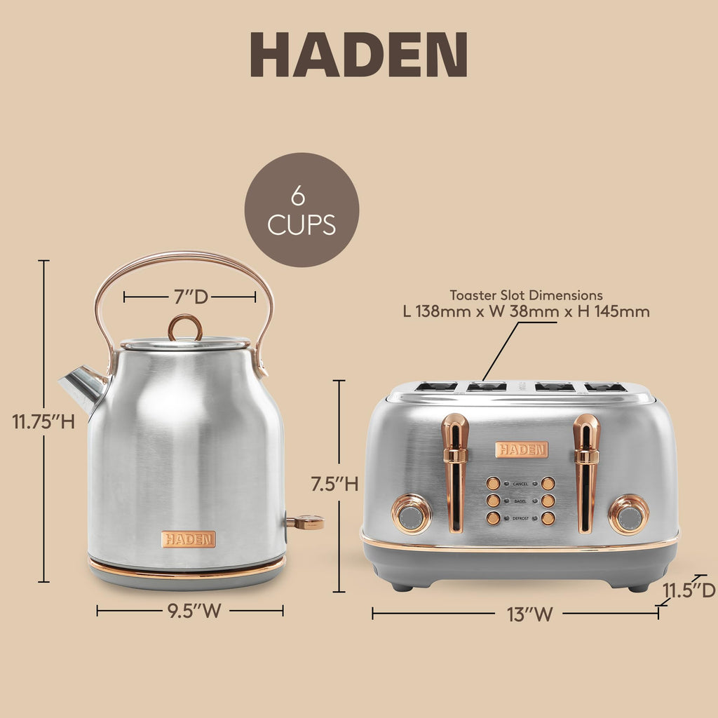 Haden Heritage 4 Slice Wide Slot Stainless Steel Toaster Bundled with 1.7 Liter Stainless Steel Electric Water Kettle, Steel & Copper