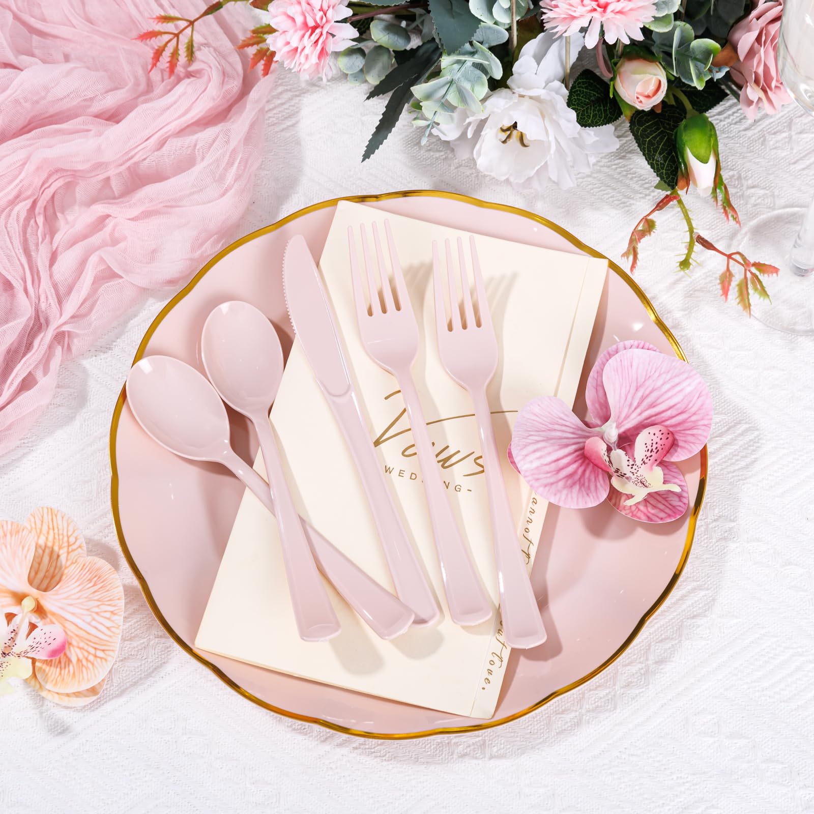 Supernal 300pcs Pink Plastic Silverware, Disposable Cutlery Set