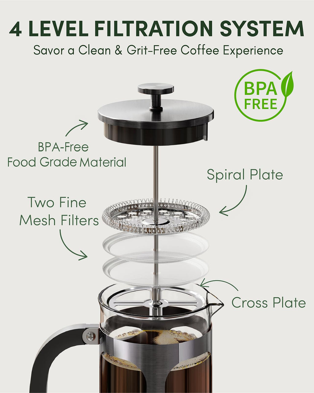 BAYKA French Press Coffee Maker, Easy to use,Large 304 Stainless Steel Coffee Press, Cold Brew Heat Resistant Thickened Borosilicate Coffee Pot for Camping Travel Gifts, 34 Ounce, Dark Pewter