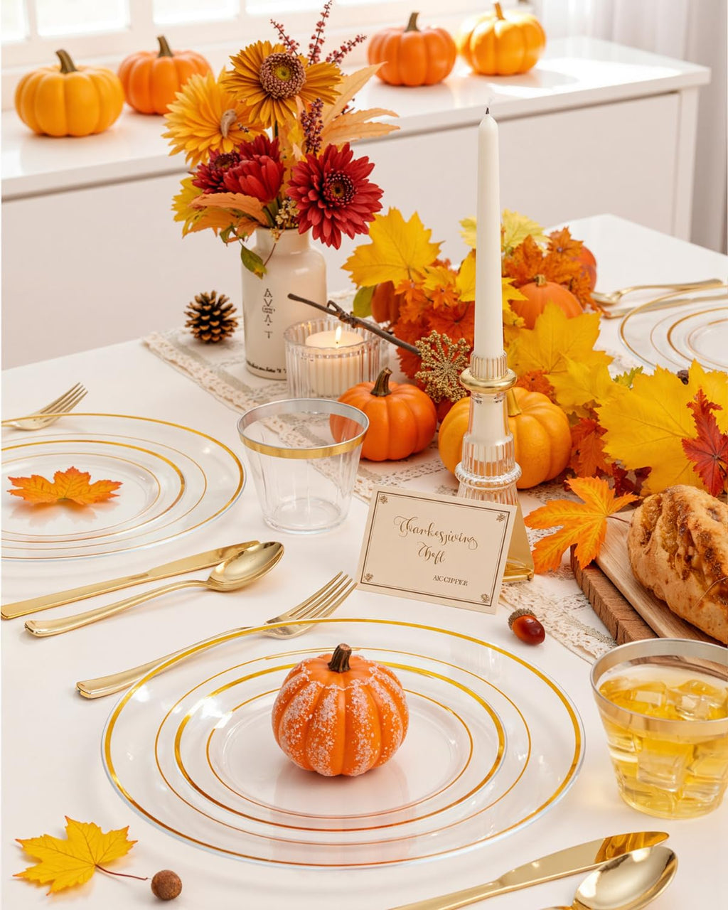 bUCLA 150Pcs Clear Gold Plastic Dinnerware Set - Clear and Gold Disposable Plates Include 25 Dinner / 25 Dessert Plates,25 Knives,25 Forks,25 Spoons,25 Cups for Party