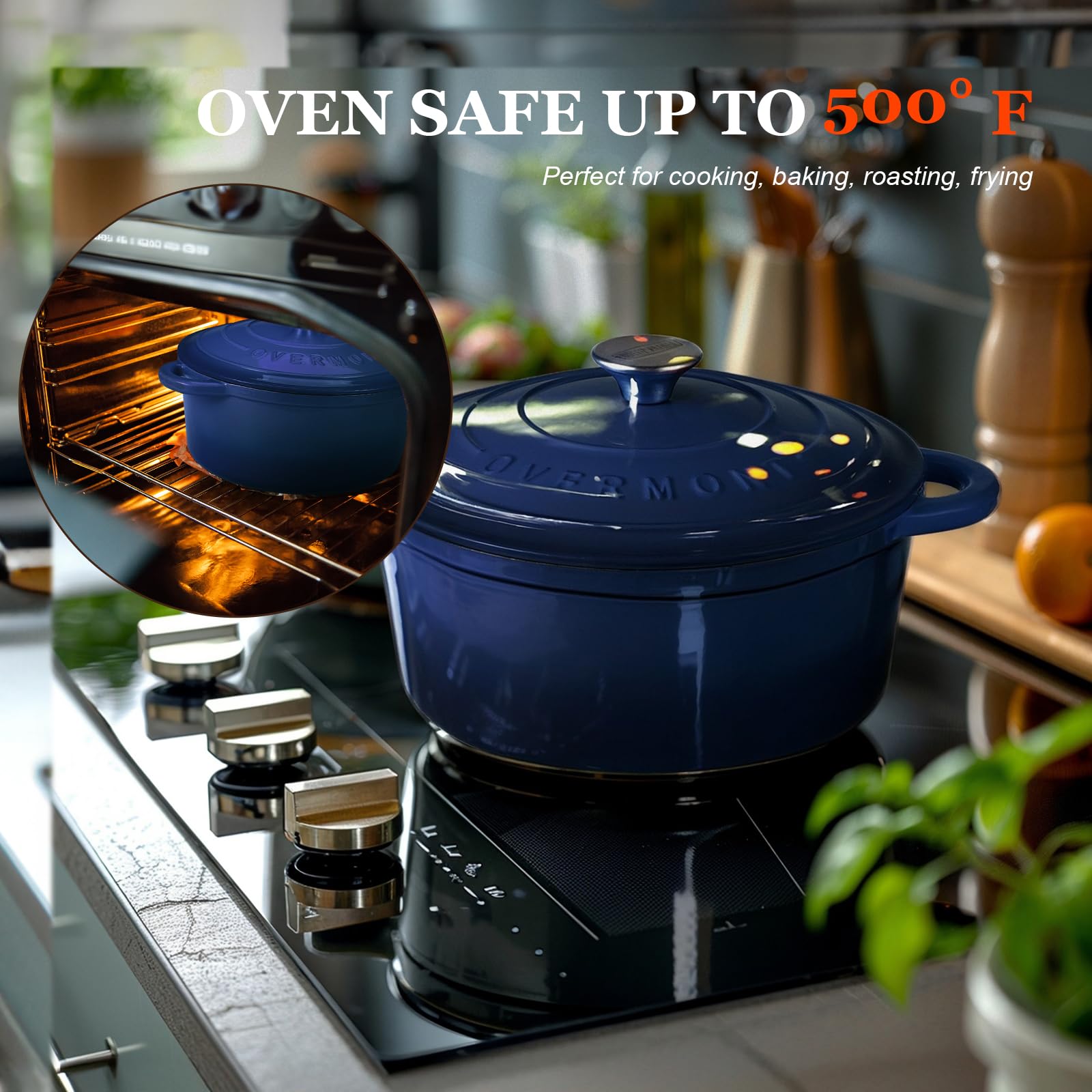 Overmont Enameled Cast Iron Dutch Oven - 5.5QT Pot with Lid Cookbook & Cotton Potholders - Heavy-Duty Cookware for Braising, Stews, Roasting, Sourdough Baking Indigo Blue