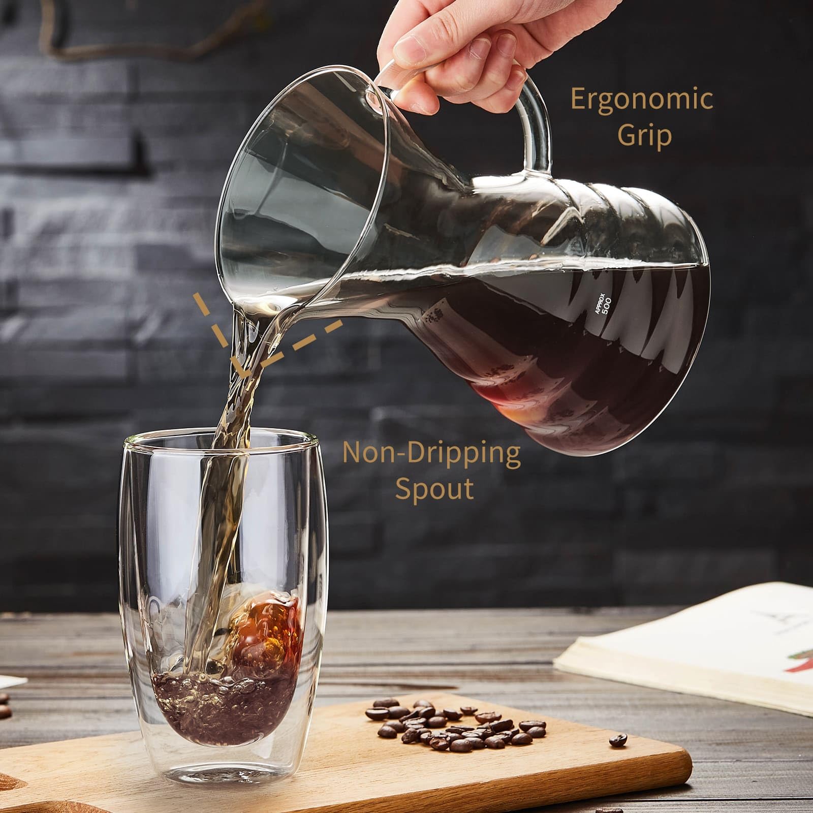 Unbreakable - Pour Over Coffee Maker with Permanent Stainless Filter 27 fl oz, Thickened Heat-Resistant Borosilicate Glass Dripper Coffee Brewer, Stovetop Safe, Ink