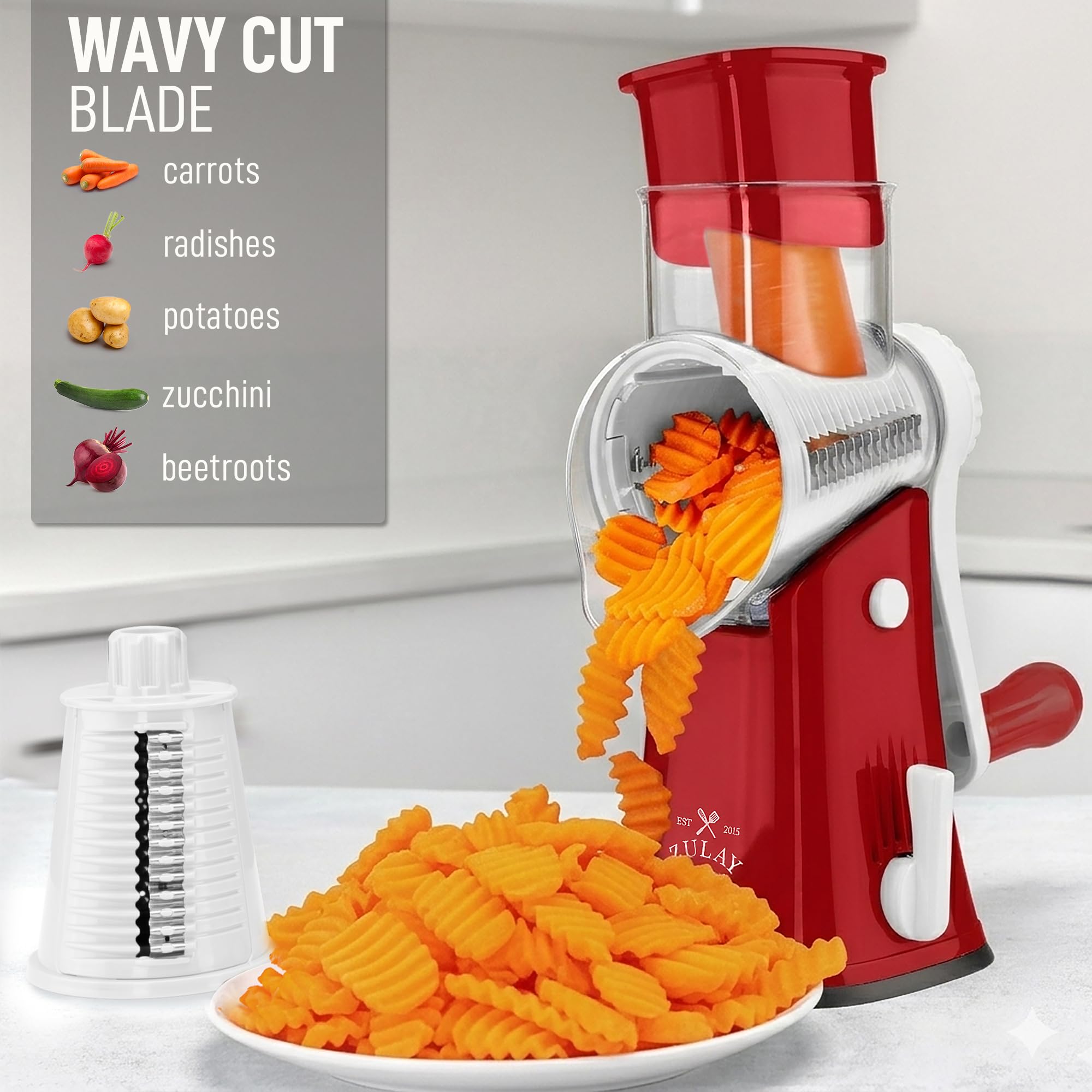 Zulay Kitchen Rotary Cheese Grater 5 Blade Cheese Shredder - Manual Hand Crank Cheese Grater With Reinforced Suction & 5 Interchangeable Drums - Easy to Use, Vegetable Chopper Round Mandoline Slicer