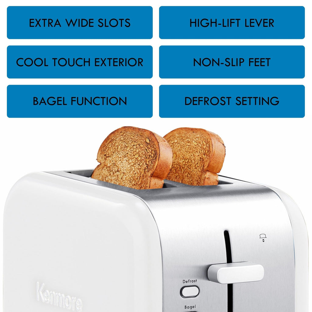 Kenmore 2-Slice Toaster, White Stainless Steel, Extra Wide Slots, Bagel and Defrost Functions, 9 Browning Levels, Removable Crumb Tray, for Bread, Toast, English Muffin, Toaster Strudel