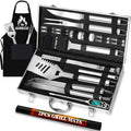 ROMANTICIST 26pcs Grilling Gifts for Men, Dad Gifts for Father's Day, Stainless Steel BBQ Grill Accessories Tools Set, Heavy Duty BBQ Utensils Kit with Apron, Thermometer, Mats in Aluminum Case Silver