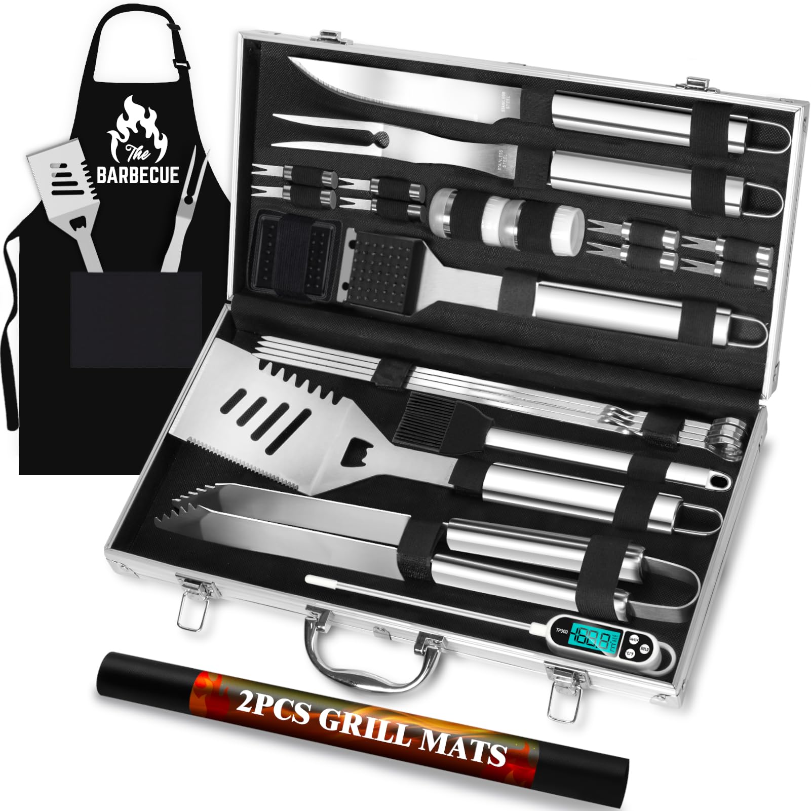 ROMANTICIST 26pcs Grilling Gifts for Men, Dad Gifts for Father's Day, Stainless Steel BBQ Grill Accessories Tools Set, Heavy Duty BBQ Utensils Kit with Apron, Thermometer, Mats in Aluminum Case Silver