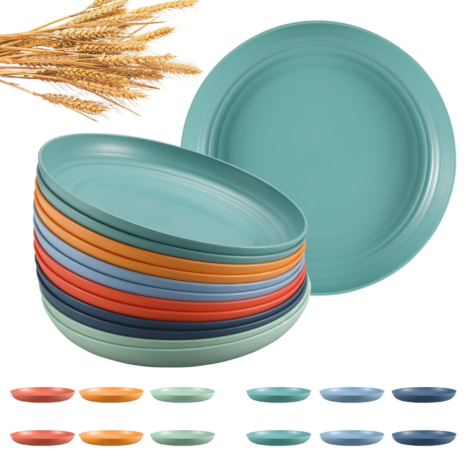HEYCOME 12 Pcs Unbreakable Deep Dinner Plates Set, 9 inch Reusable Plastic Wheat Straw Plates, Microwave and Dishwasher Safe Plate for Kitchen, Lightweight Plate for Dessert, BPA Free, 6 Colors