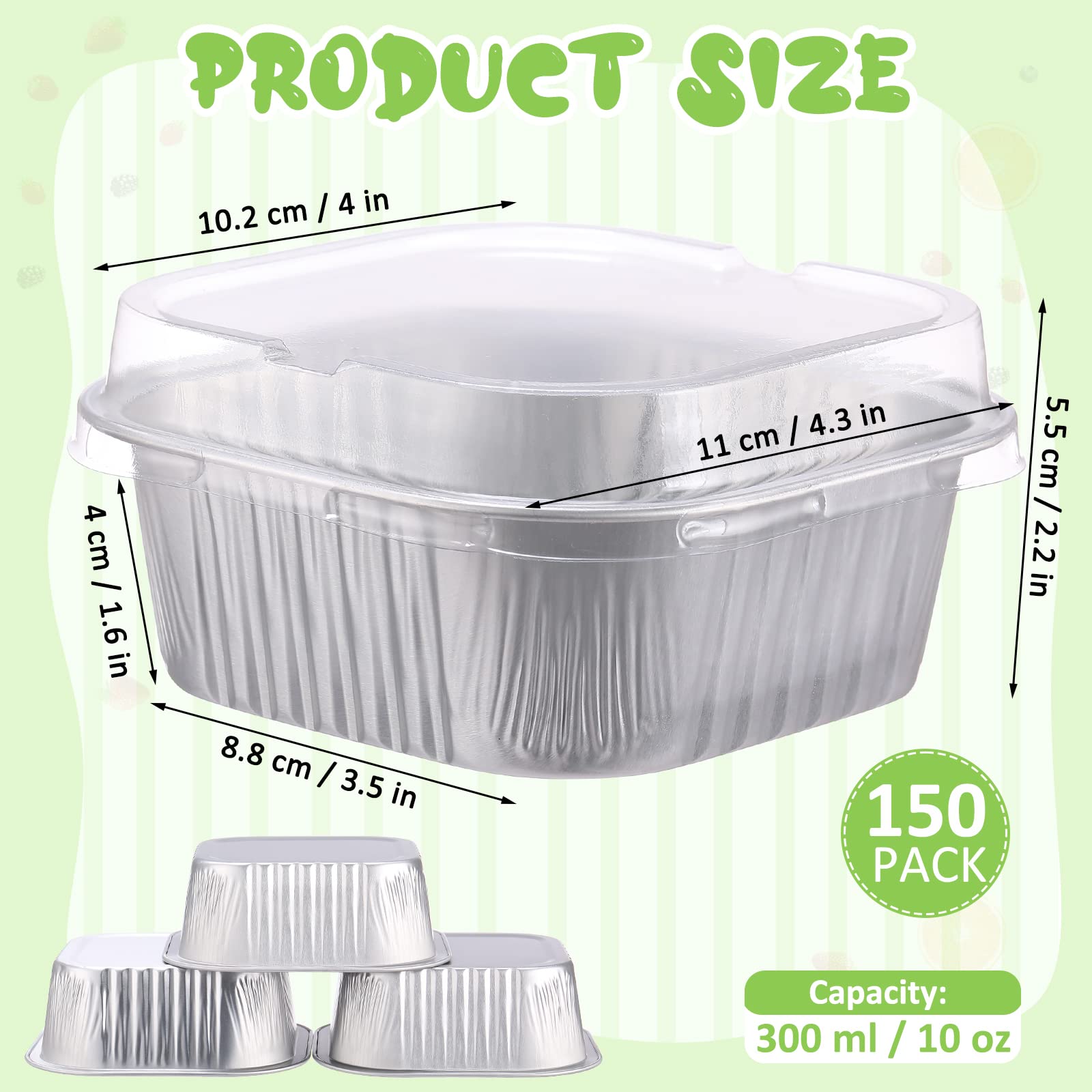 Aoriher 150 Pcs 10 oz Mini Cake Pans with Lids Aluminum Foil Baking Cup Disposable Square 4 x 4 Large Baking Tin, Muffin Pan Cheesecake Kitchen Brownie Pudding Desserts Holder(Silver)