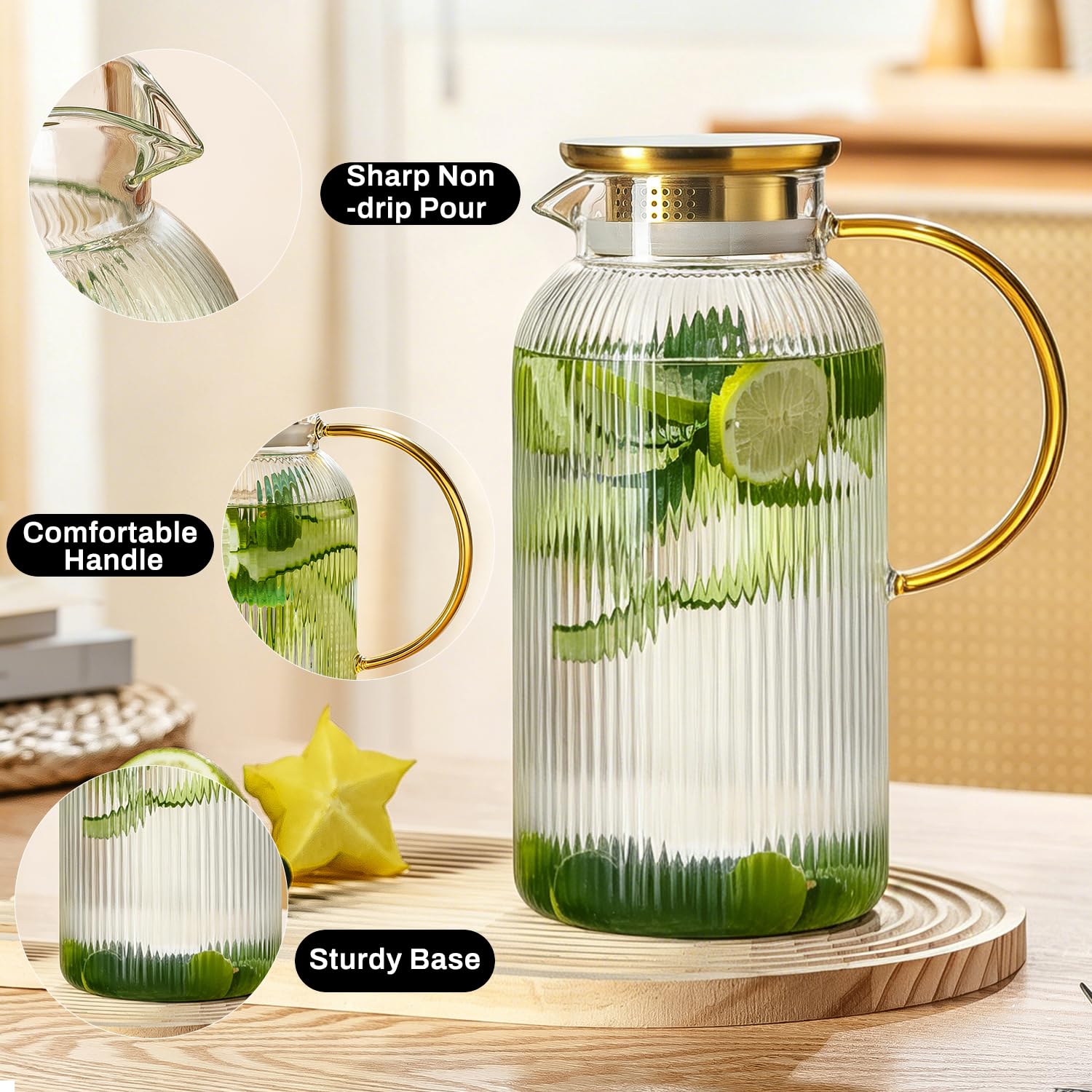 Buaic 2 PACK Glass Pitcher with Lid, 68 oz Glass Carafe with Silicone Base