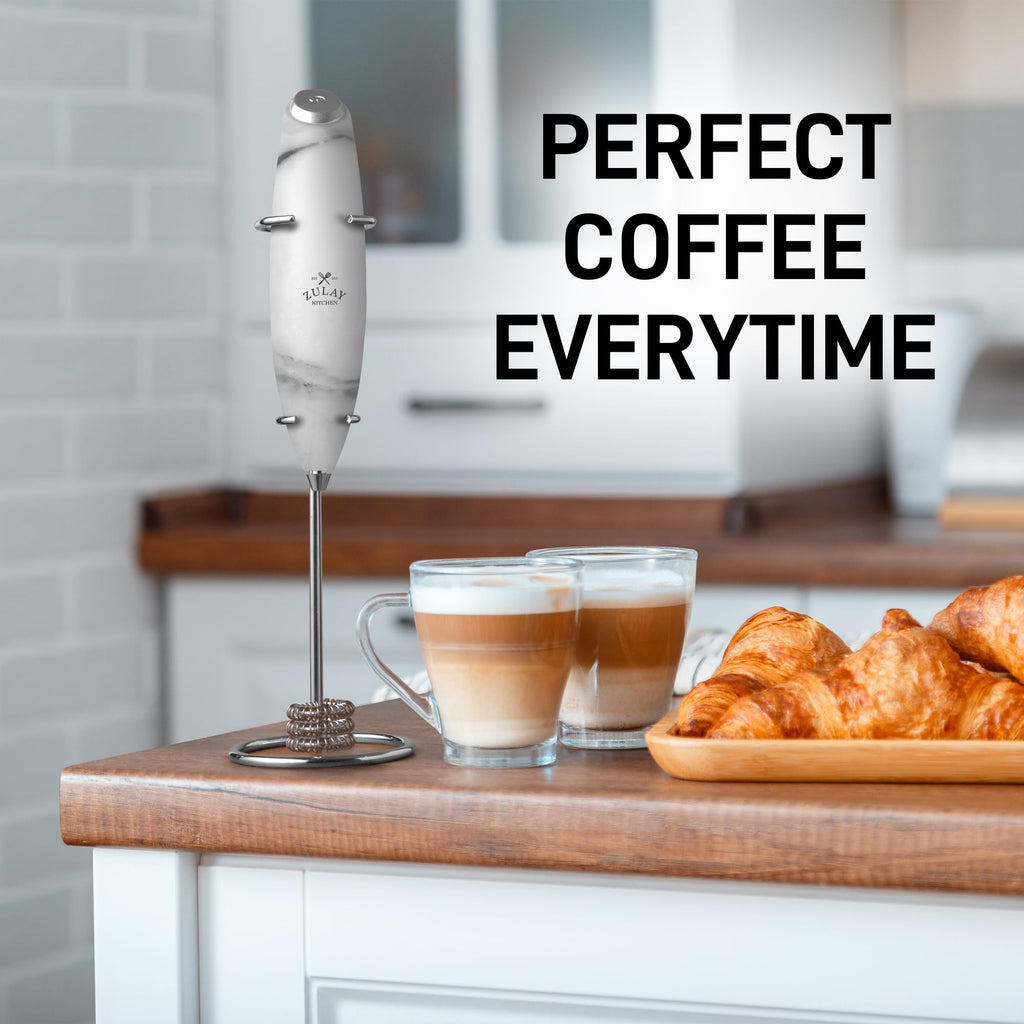 Zulay Kitchen Powerful Milk Frother Wand With Duracell Batteries - Ultra Fast Handheld Drink Mixer - Electric Whisk Foam Maker for Coffee, Lattes, Cappuccino & Matcha - Triple Whisk - Onyx Marble
