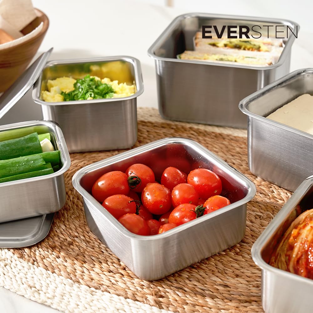 EVERSTEN CuBE Low 3PCS Set Stainless Steel Food Storage Containers With Lids and 3 Net Kitchen Appliances Dishwasher Safe Premium South Korea