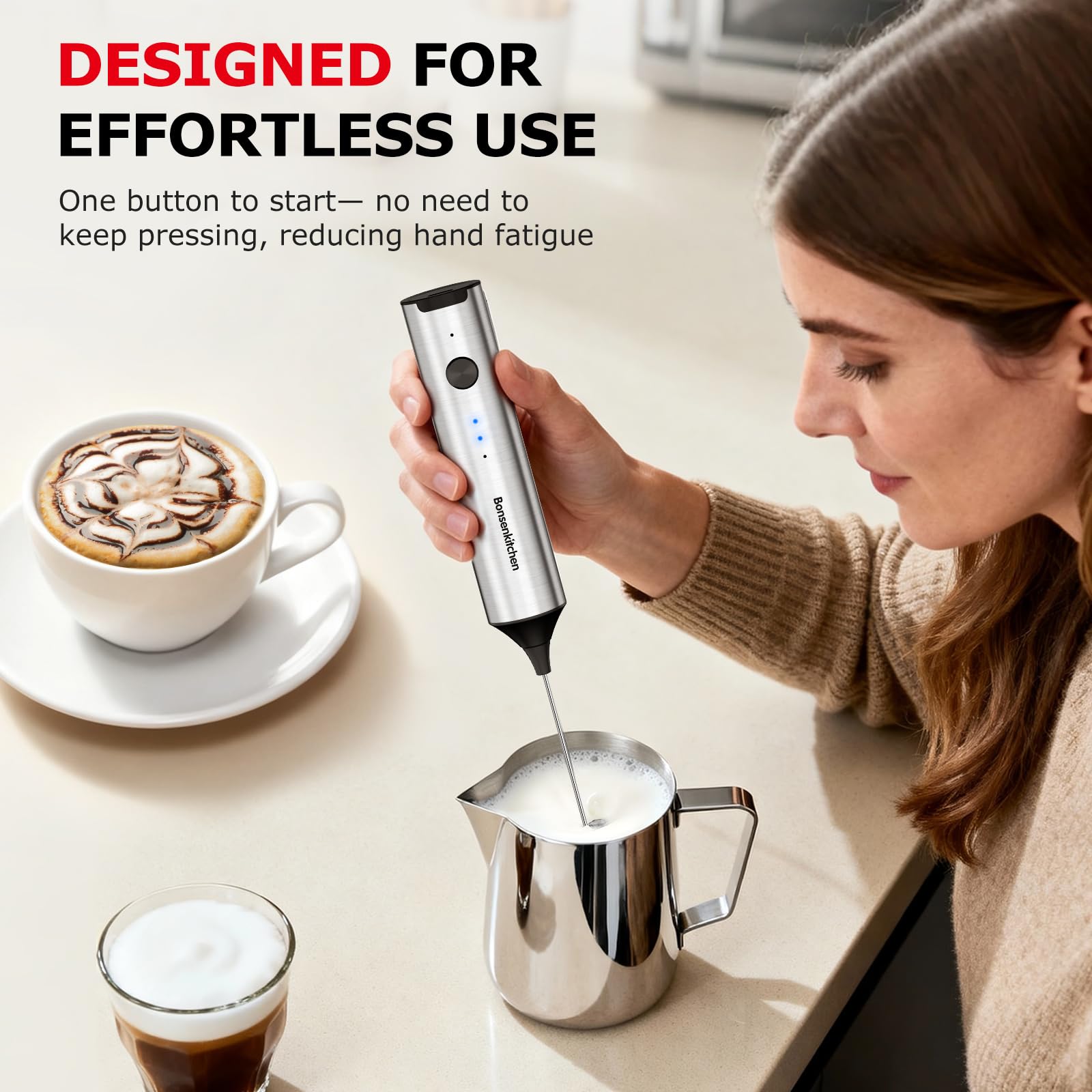 Bonsenkitchen Rechargeable Milk Frother with Stand, 3-Speed Handheld Coffee