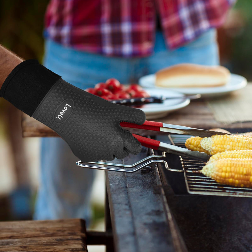 Loveuing Kitchen Oven Gloves - Dual-Layer Heat Resistant Grilling Gloves, Silicone Oven Mitts with 5 Fingers, Waterproof Non-Slip Pot Holder for Barbecue, Cooking, Baking (XL-XXXL, Black Long)