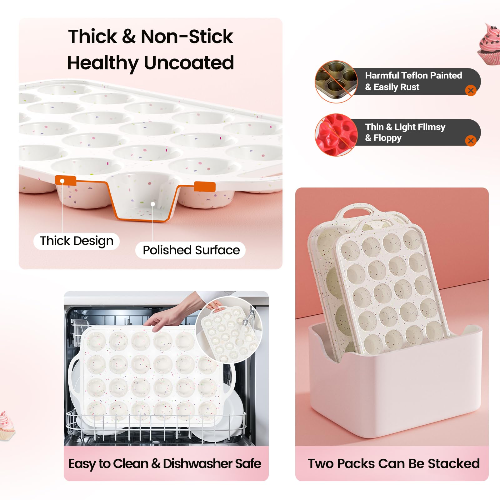 Fimary Silicone Mini Muffin Pan With Metal Reinforced Frame - 24 Cups Durable Silicone Cupcake Pan for Muffin, Cupcakes, BPA Free and Dishwasher Safe - 1 Piece Beige with Rainbow Spots