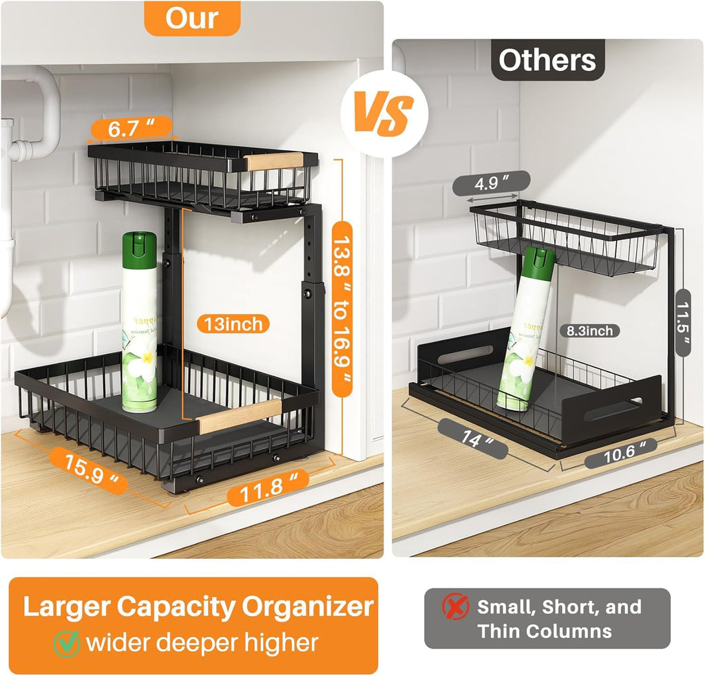 PXRACK Under Sink Organizer, Adjustable Height, 2 Tier Pull Out Under Cabinet Organizer, Slide Out Thickened Metal Under Sink Storage for Kitchen Bathroom Laundry Pantry Cabinet, Black, Large-1-Pack