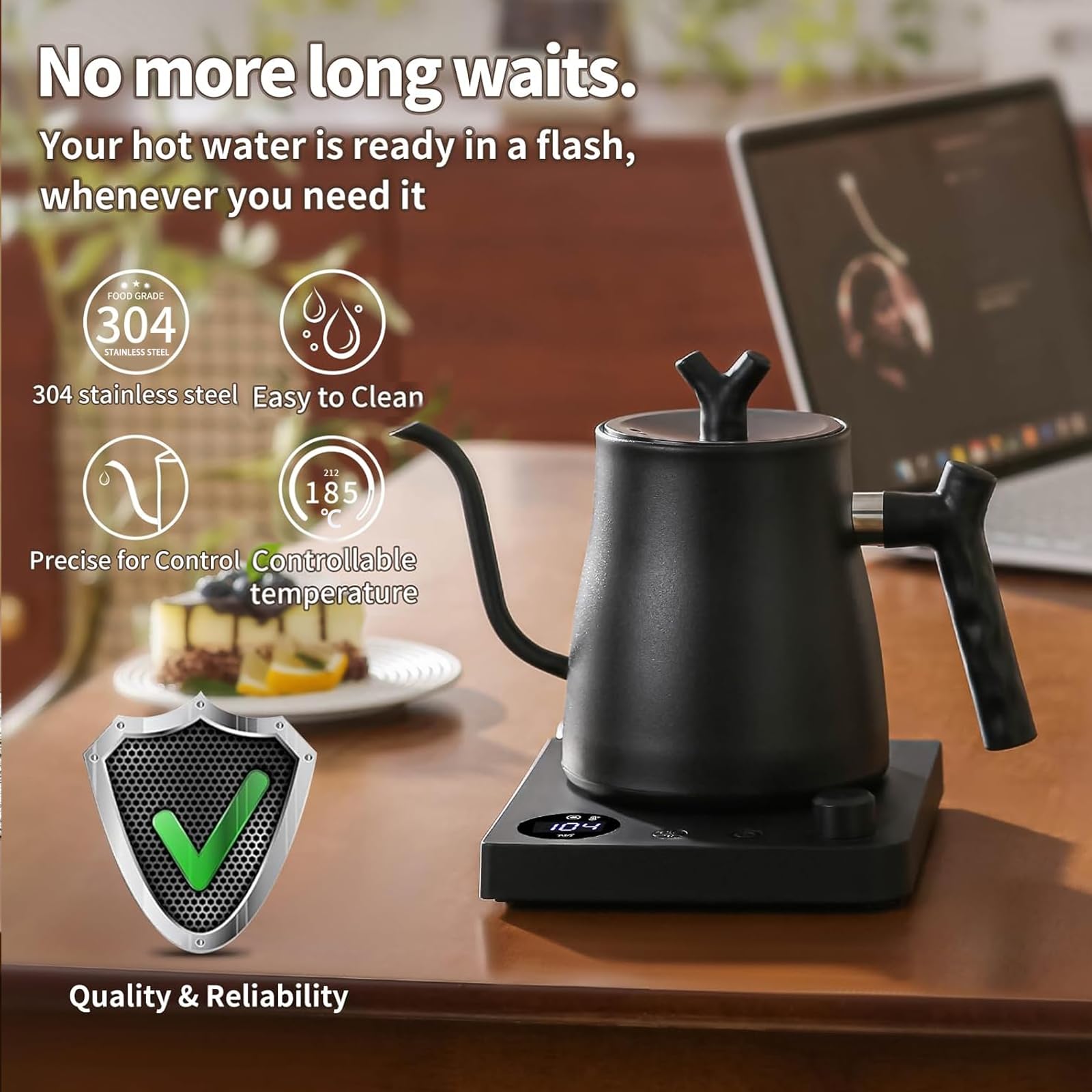MOUTIUS Water Kettle Electric,Gooseneck Electric Kettle with 50pcs Coffee Filter,±1℉ Temperature Control, Fast Heating, Stainless Steel Interior, Ideal for Precise Pour-Over Coffee and Tea