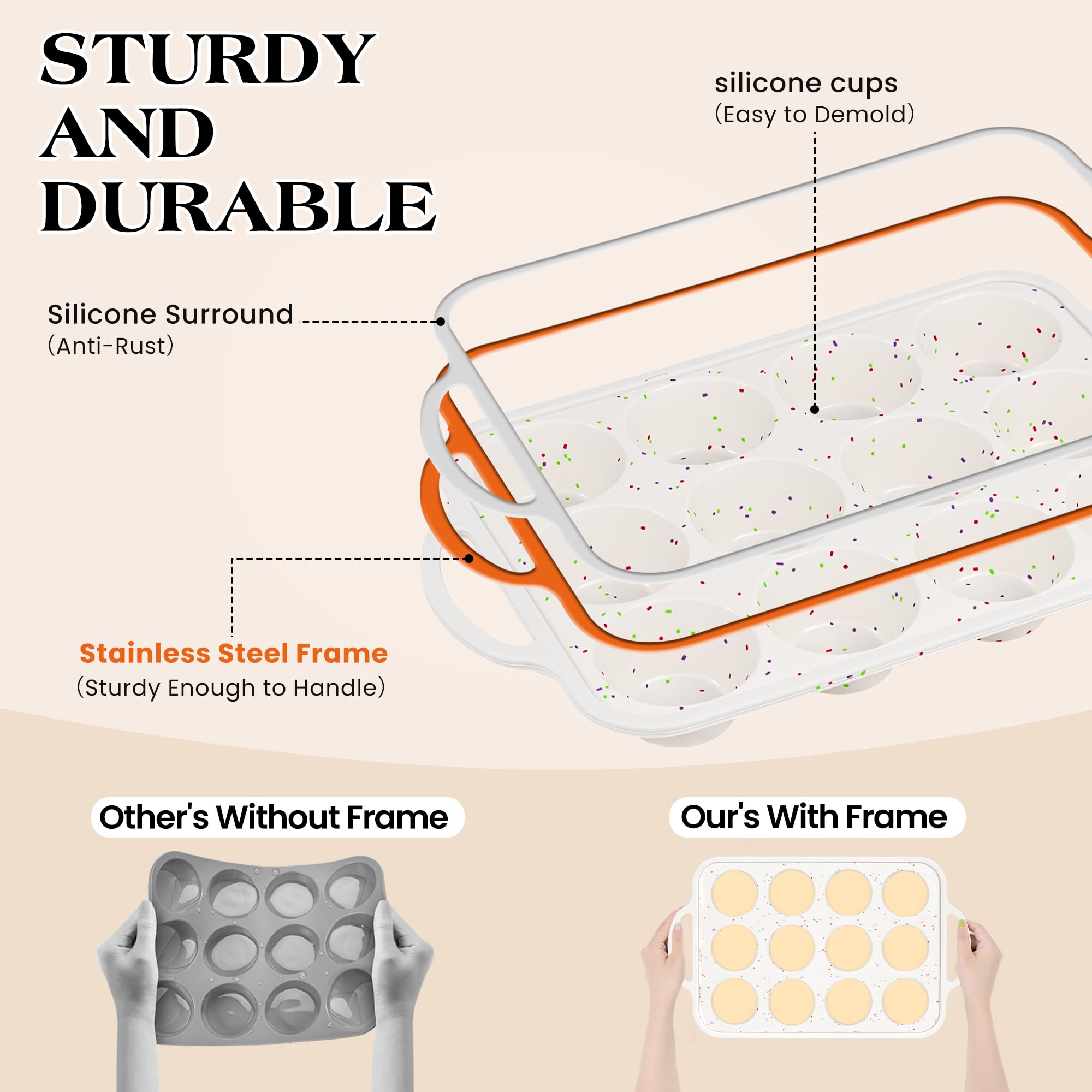 AOTASO Silicone Muffin Pan with Metal Frame, Nonstick 12 Cup Regular Size Cupcake Pan, Silicone Muffin Tray for Baking Egg Bites Muffins Cupcakes Gifts for Mom Home Baker Kitchen (1 Pc, Cream)